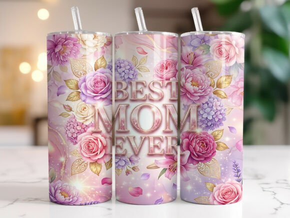 Best Mom Ever Pink Floral Gold Tumbler Graphics for Tumbler Wraps